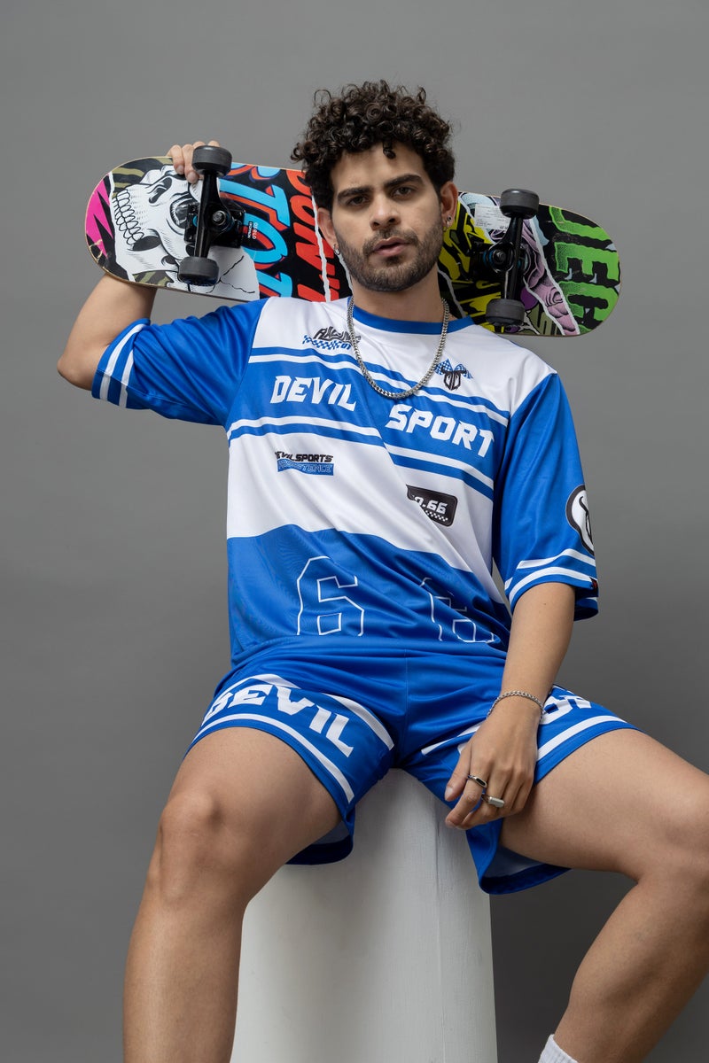 GO DEVIL Devil Sport Blue & White Co-Ord Set For Men - Image 3